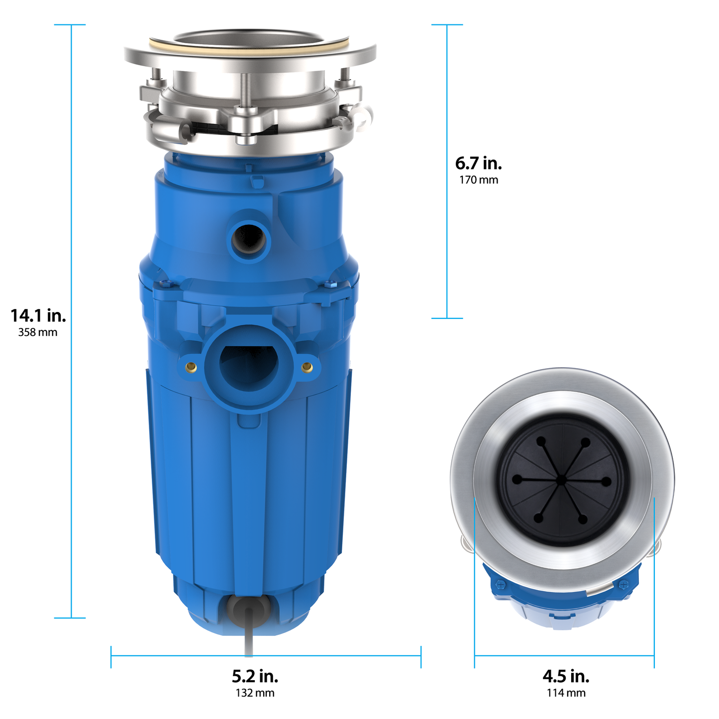 Back view of the American Standard Elite food waste disposer. Dimensions are 14.1 inches tall and 5.2 wide. Smaller profile provides more undercounter sink space. 