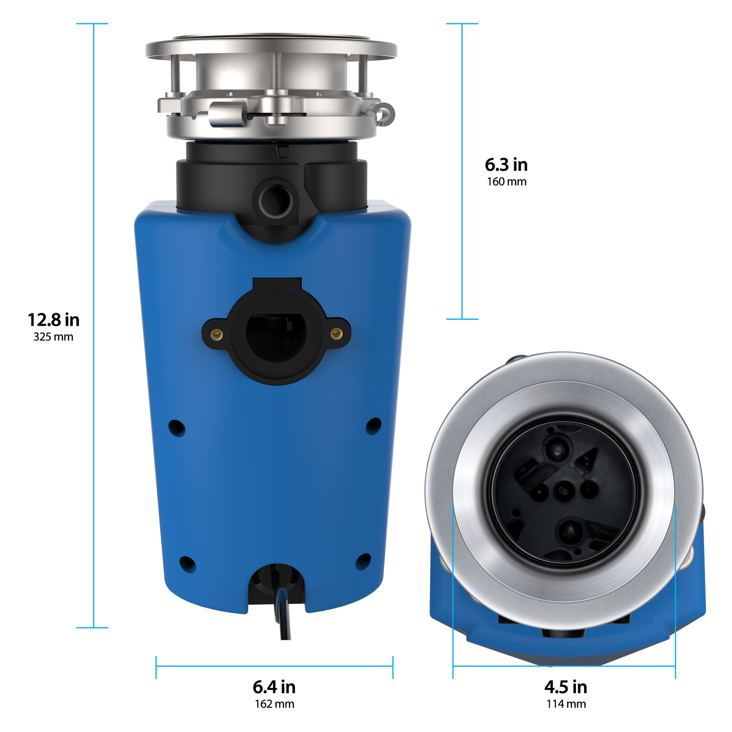Back view of the American Standard Elite 1/3HP food waste disposer. Dimensions are 12.8 inches tall and 6.4 inches wide.