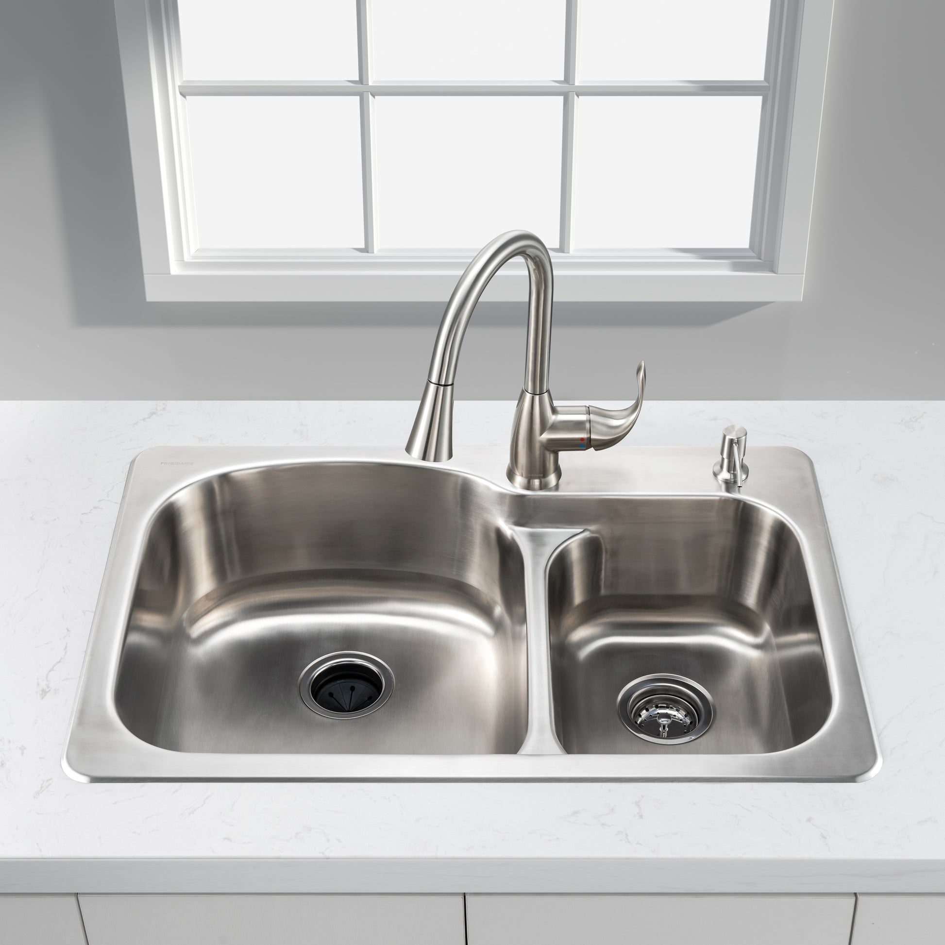 sink, faucet, disposer, dispenser, and strainer
