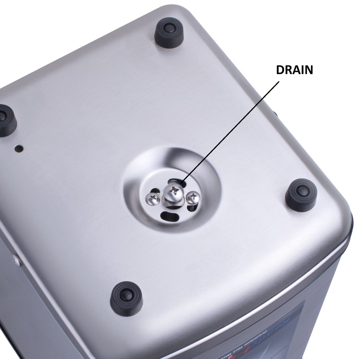 Metallic cylindrical object with drain feature labeled on a white background