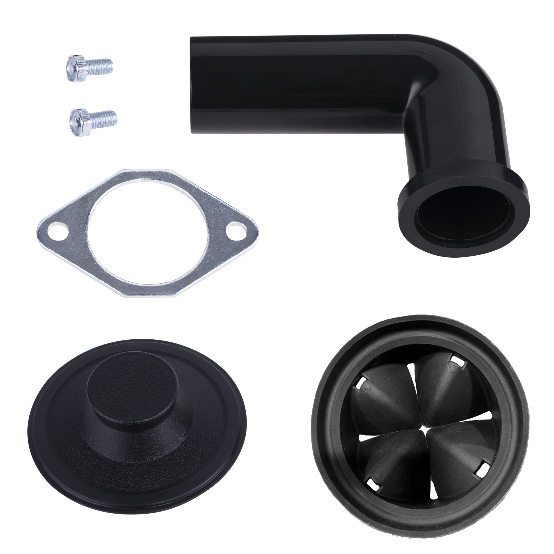 Shows the parts included in package which include the elbow and flange, screws, plastic stopper, and removable splash guard.