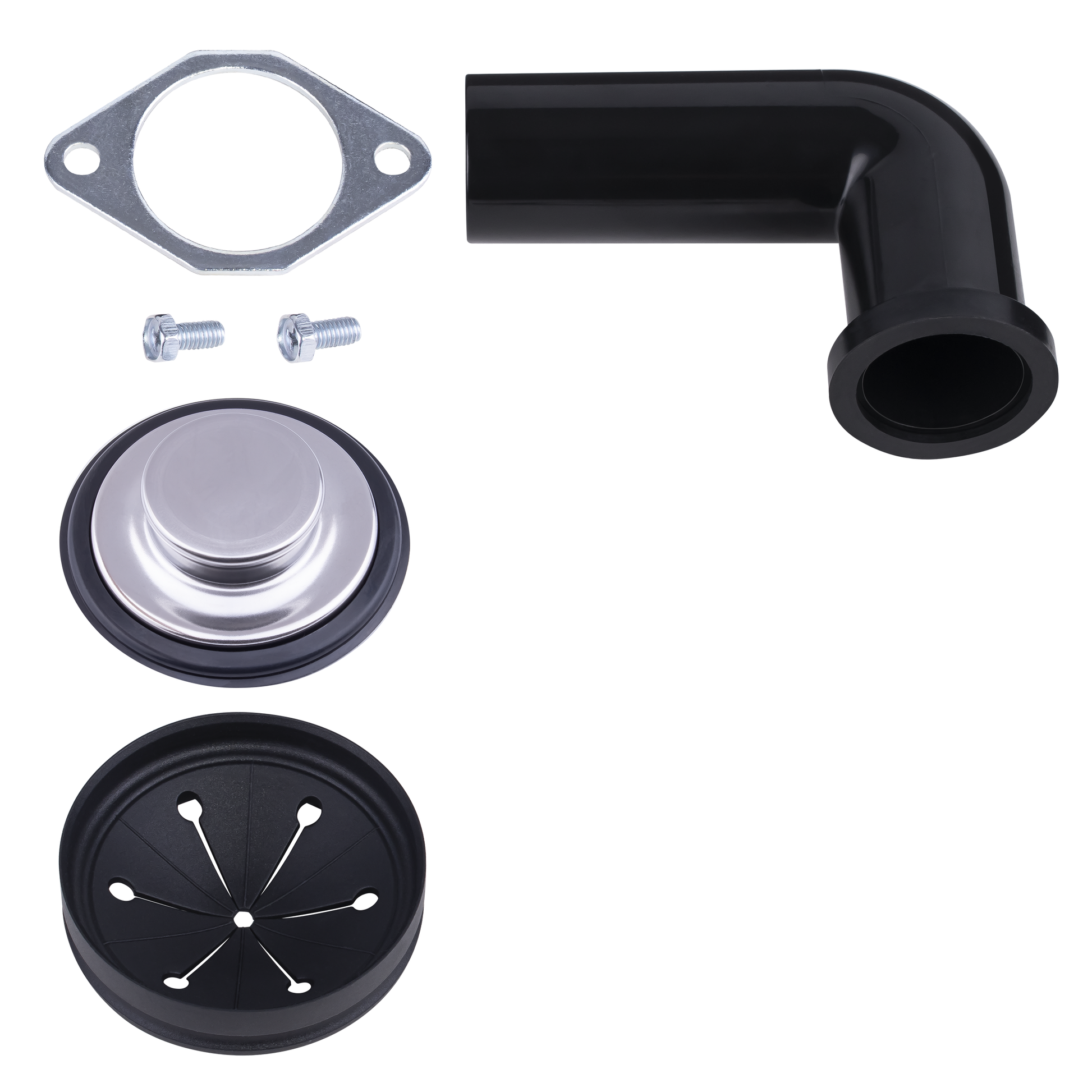 Shows the parts included in package which include the elbow and flange, screws, stainless stopper, and removable splash guard.