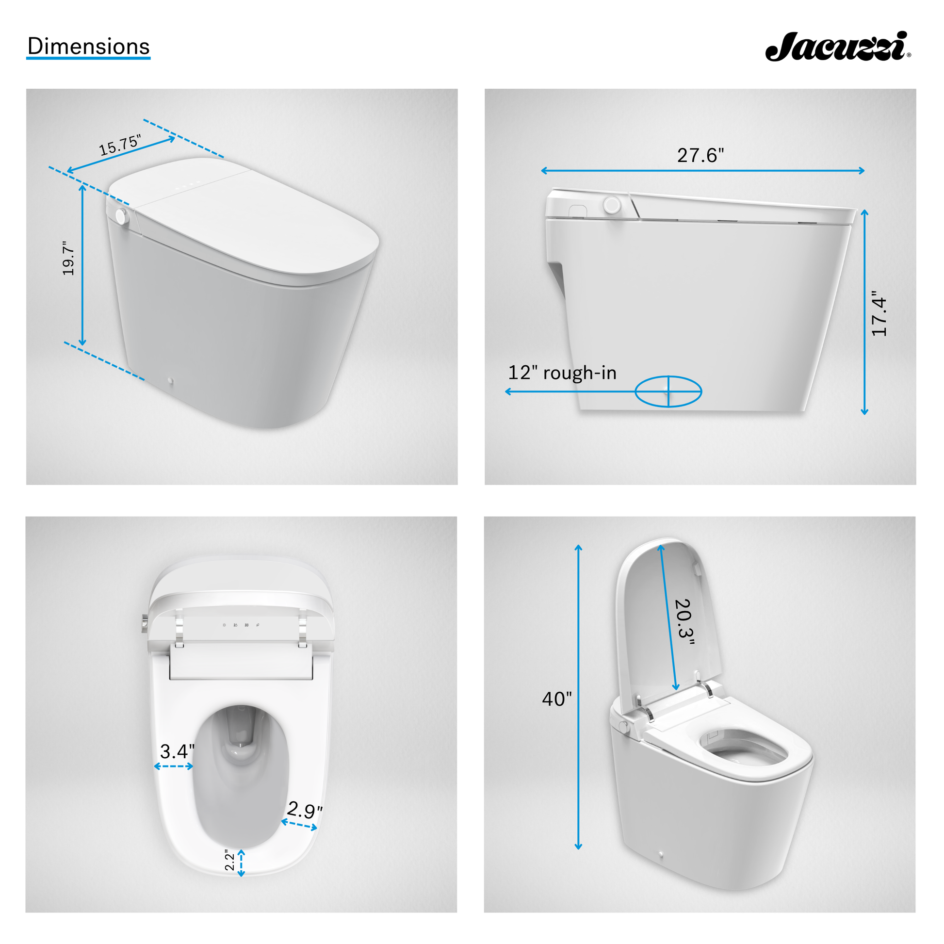 Dimensions of a Jacuzzi toilet shown in four sectional views with measurements.