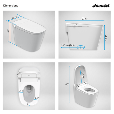 Dimensions of a Jacuzzi toilet shown in four sectional views with measurements.