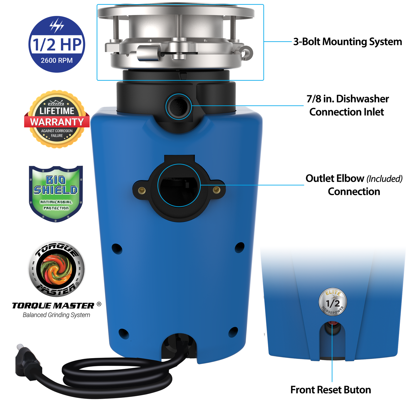 Blue disposer with feature callouts