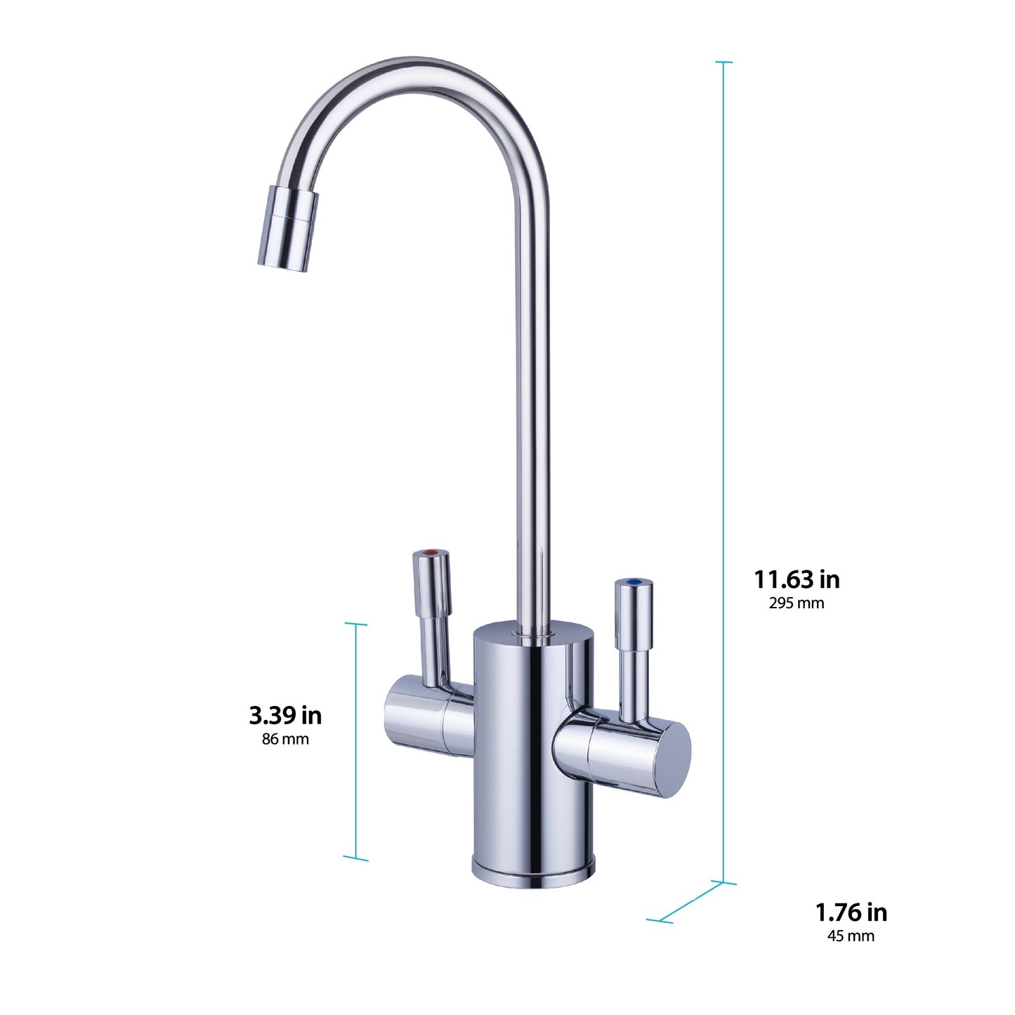 Chrome kitchen faucet with dimensions indicated on a white background