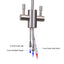Stainless steel water valve with labeled connections on a white background