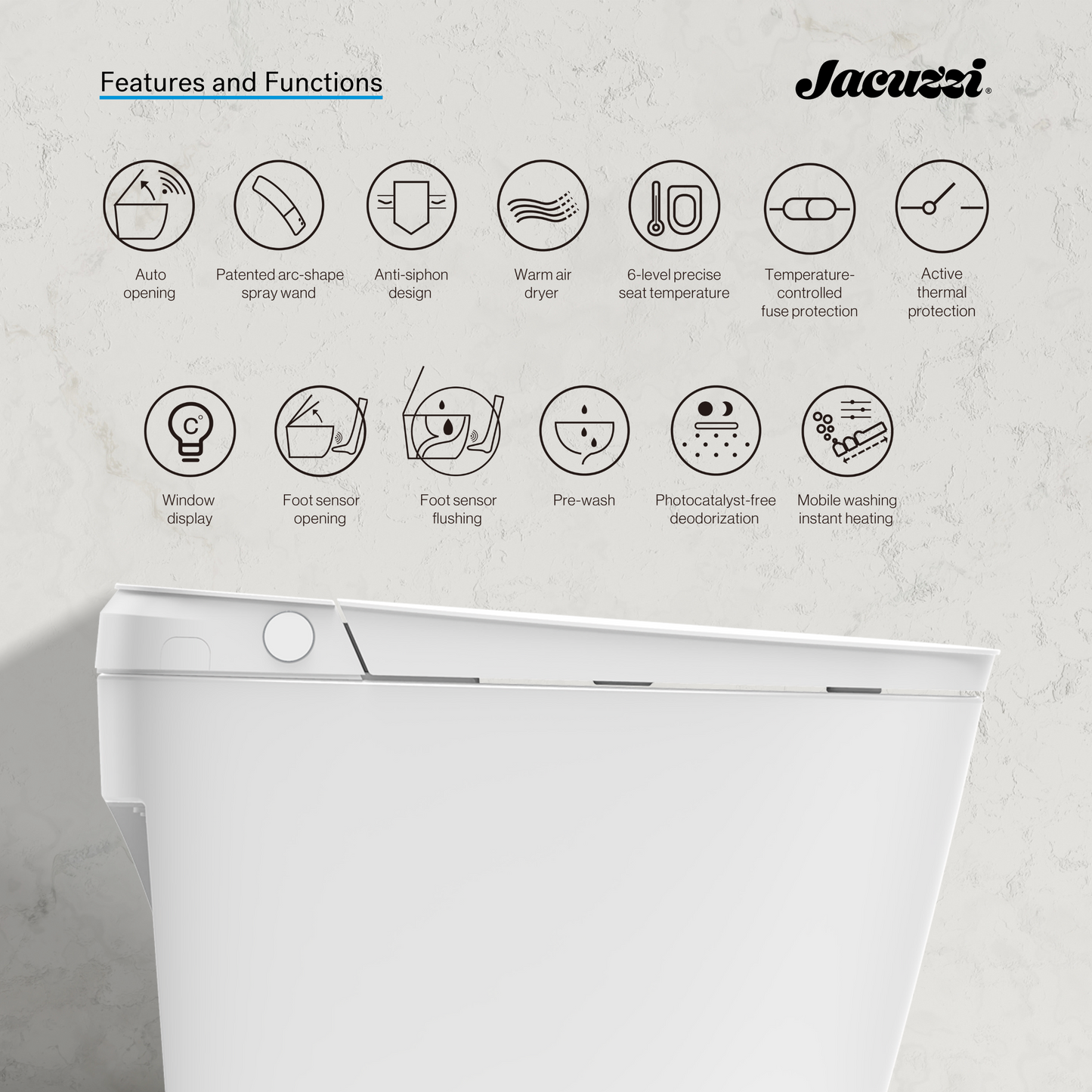 Jacuzzi toilet with features and functions listed on a gray background