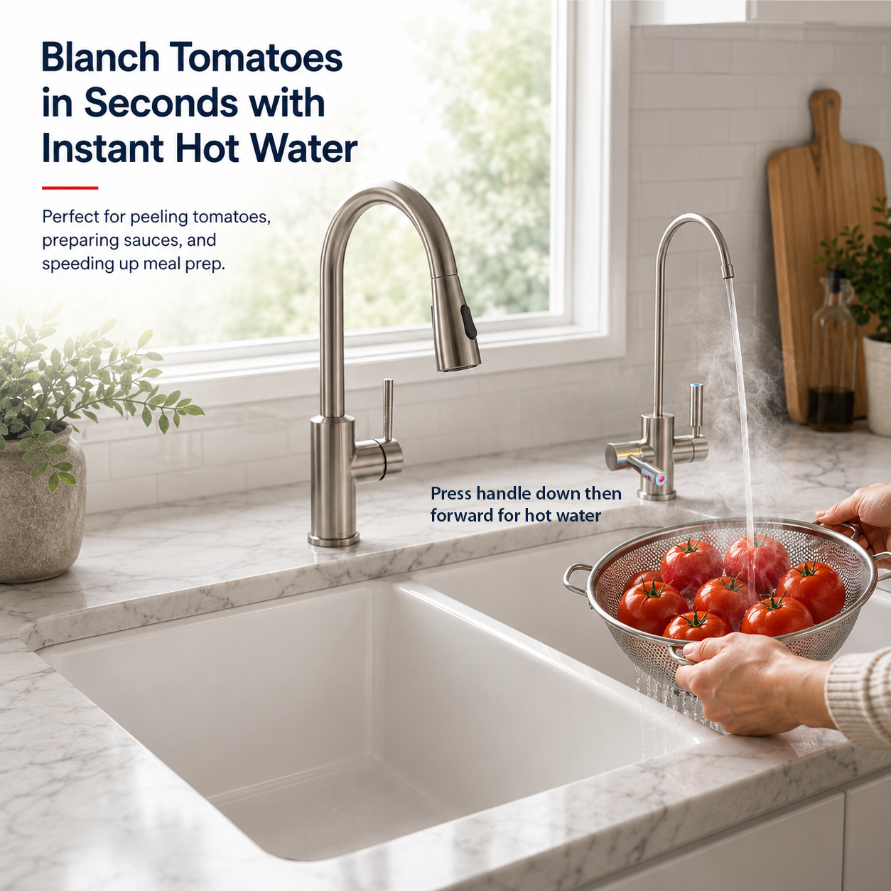 Kitchen sink with tomatoes being rinsed under hot water, featuring a modern Brushed Nickel faucet.