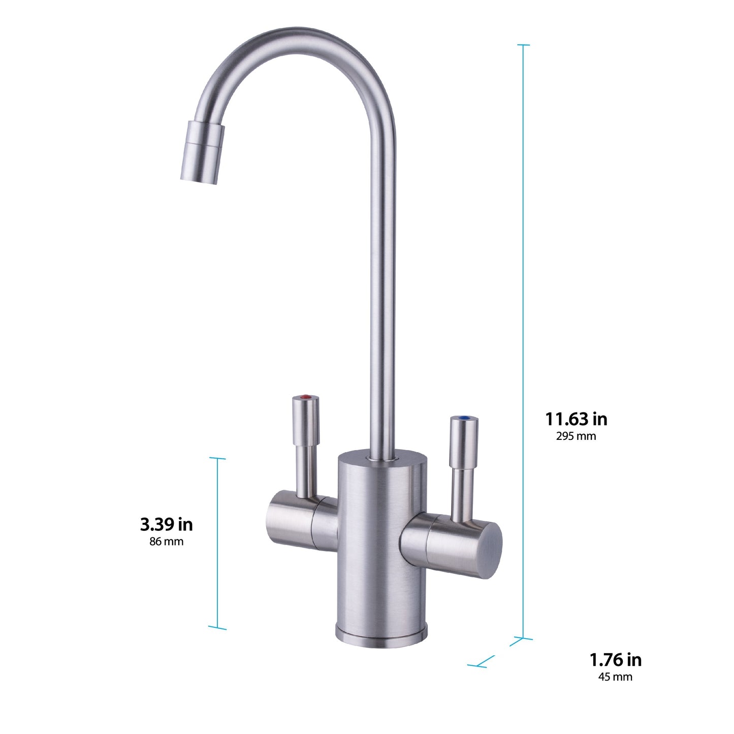 Brushed Nickel kitchen faucet with dimensions indicated on a white background