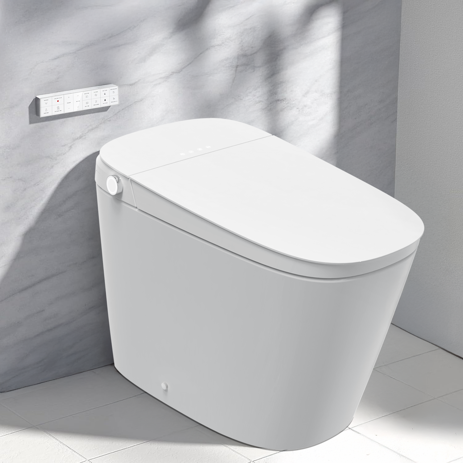 Modern white Jacuzzi toilet in a bathroom setting with tiled floor and wall.