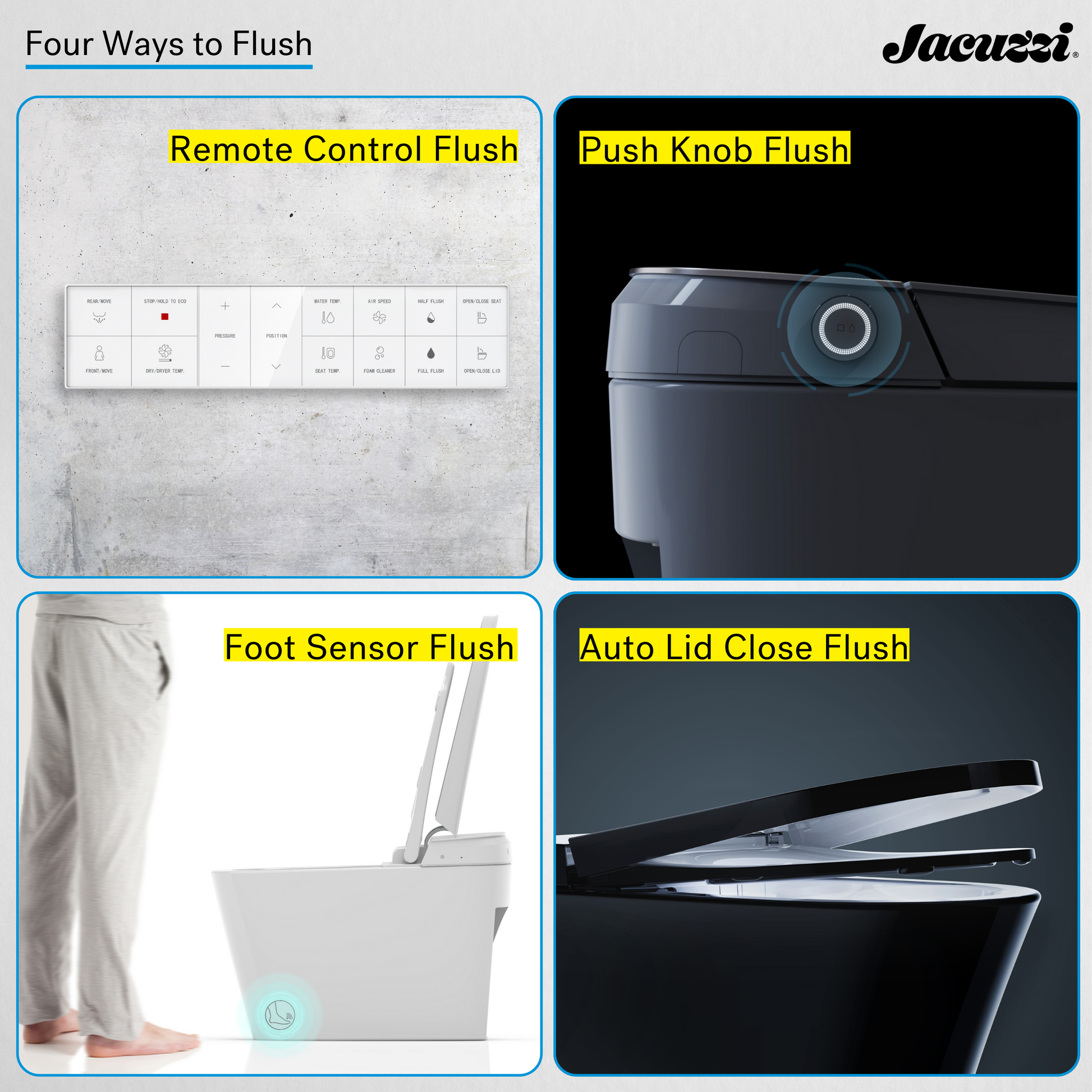 Jacuzzi product display with four ways to flush: remote control, push knob, foot sensor, and auto lid close.