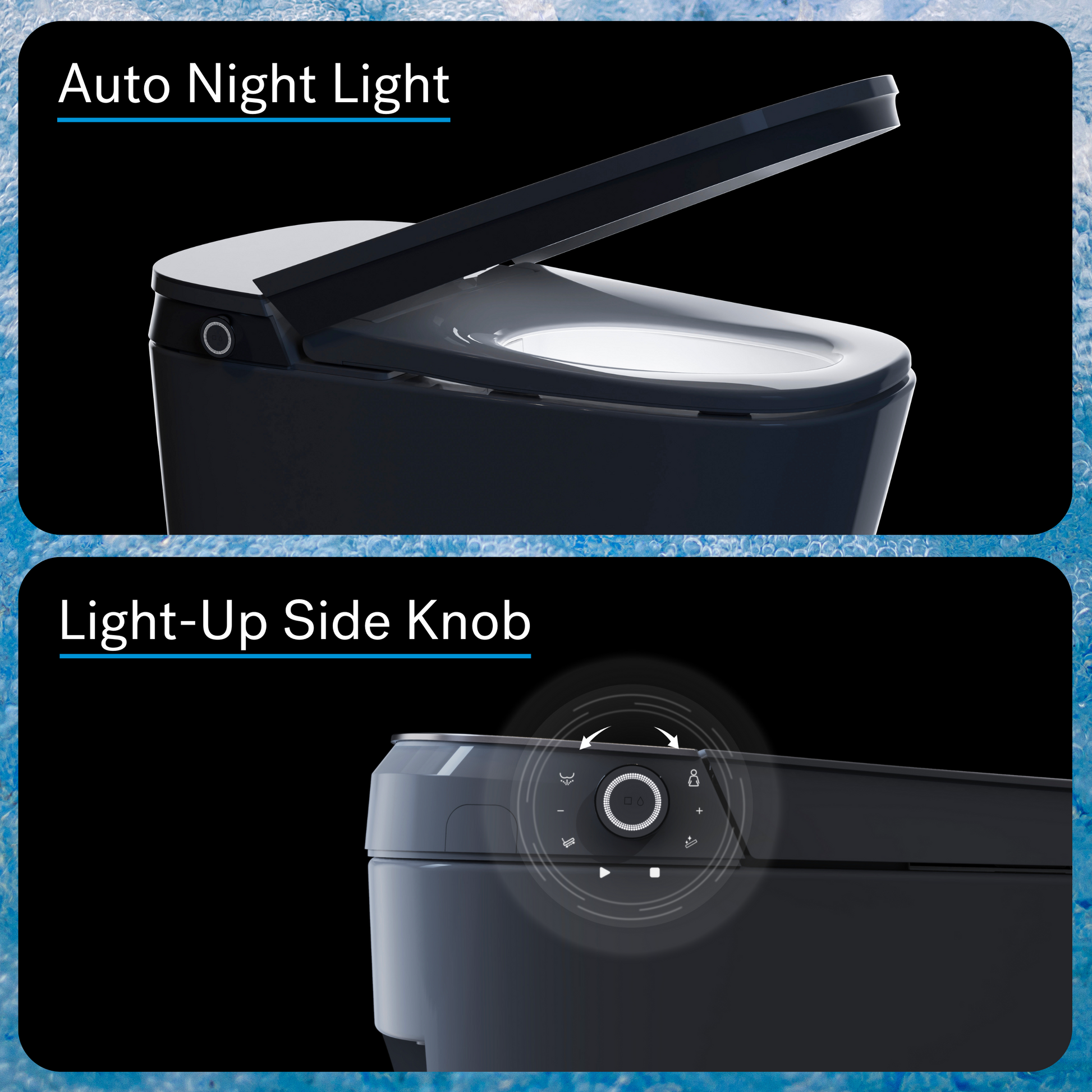 Toilet with auto night light feature and light-up side knob on a blue textured background