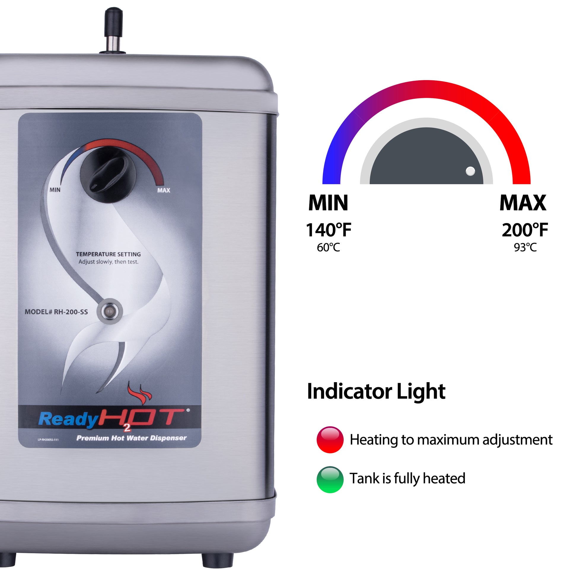 Hot water dispenser with temperature control and indicator lights on a white background