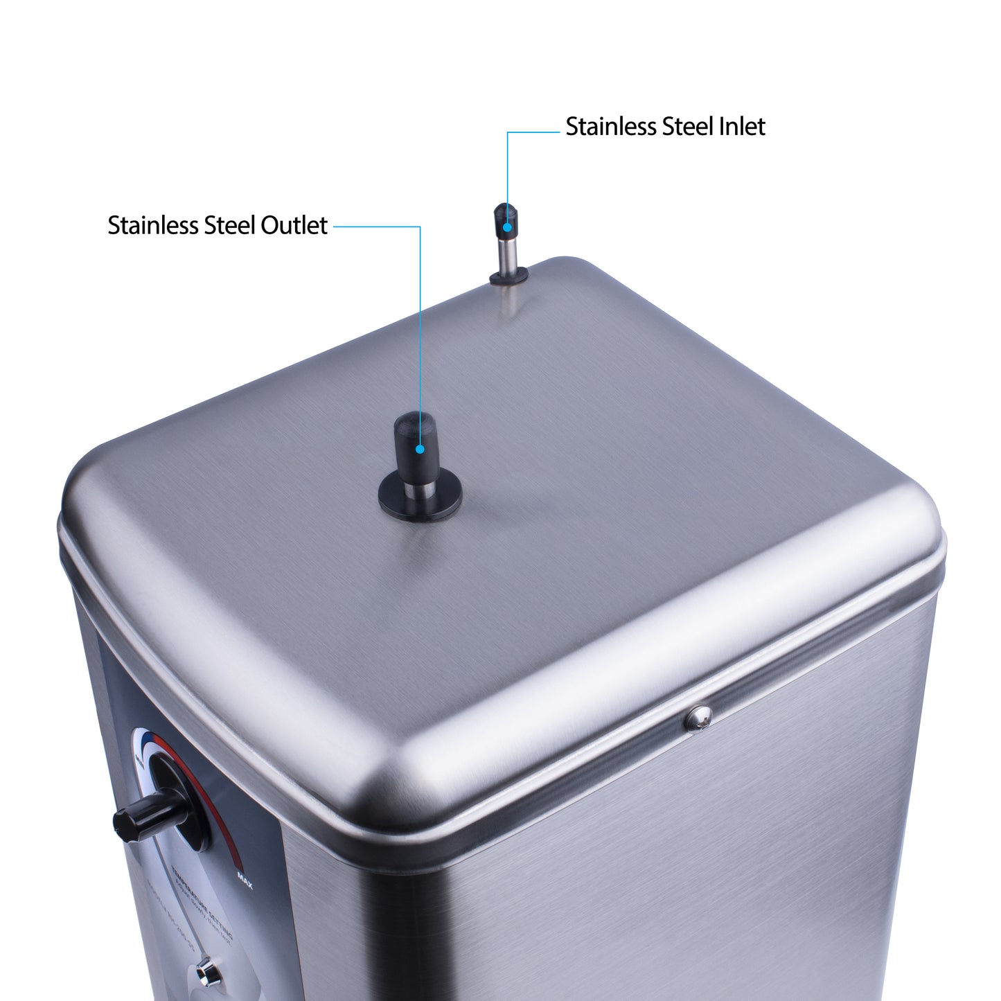 Stainless steel water heater with labeled inlet and outlet on a white background