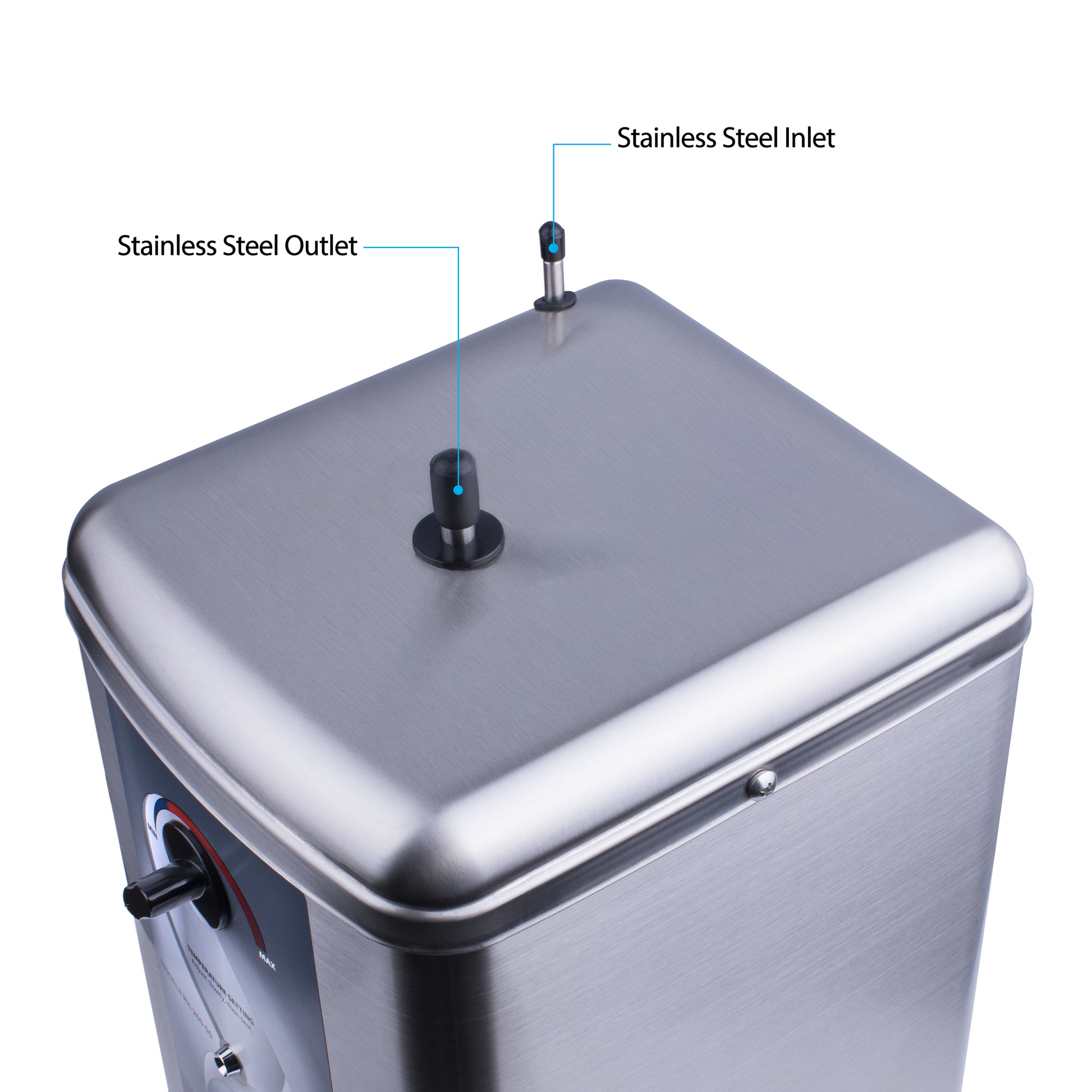 Stainless steel water heater with labeled inlet and outlet on a white background