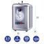Stainless steel water heater with dimensions and specifications on a white background