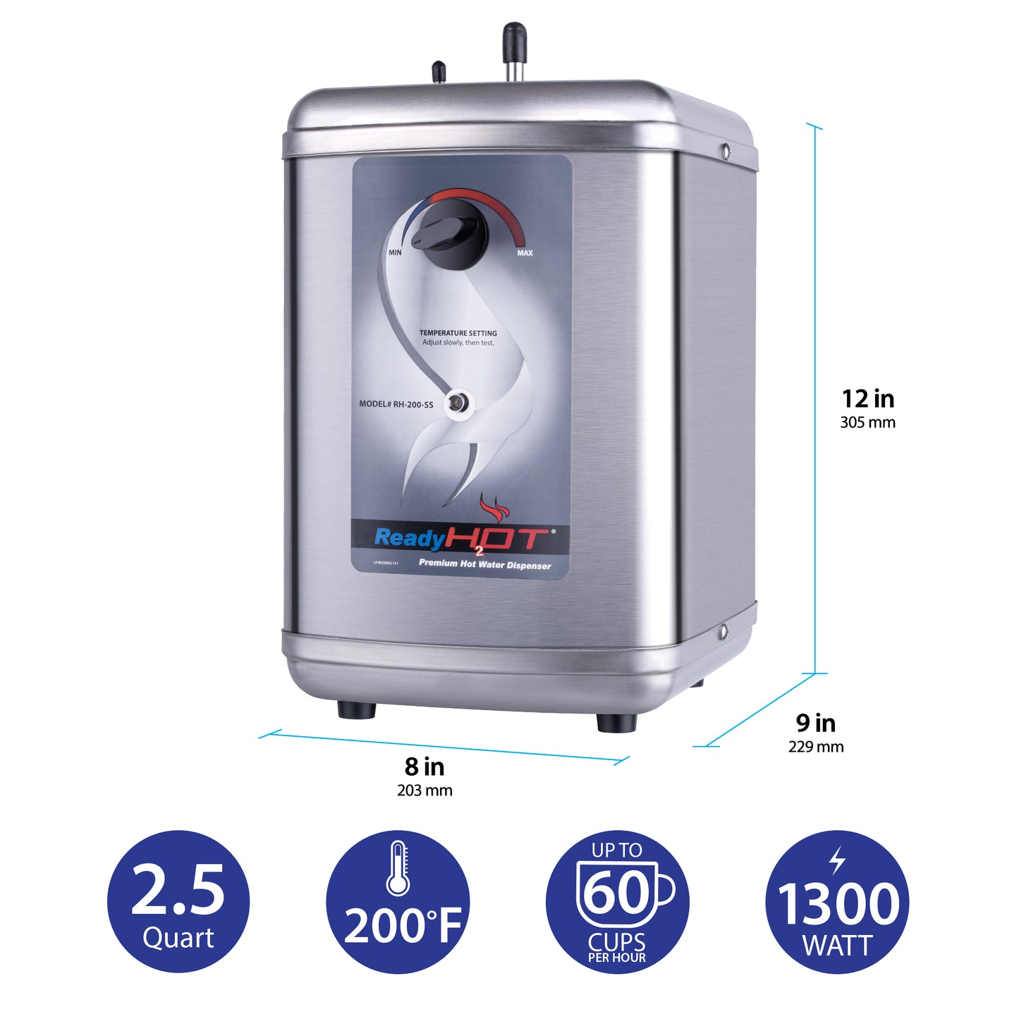 Stainless steel water heater with dimensions and specifications on a white background