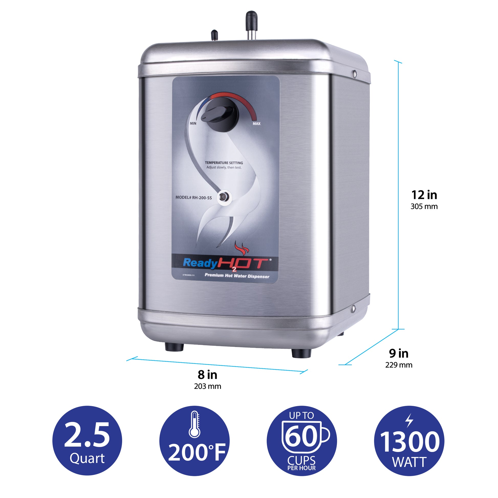Stainless steel water heater with dimensions and specifications on a white background