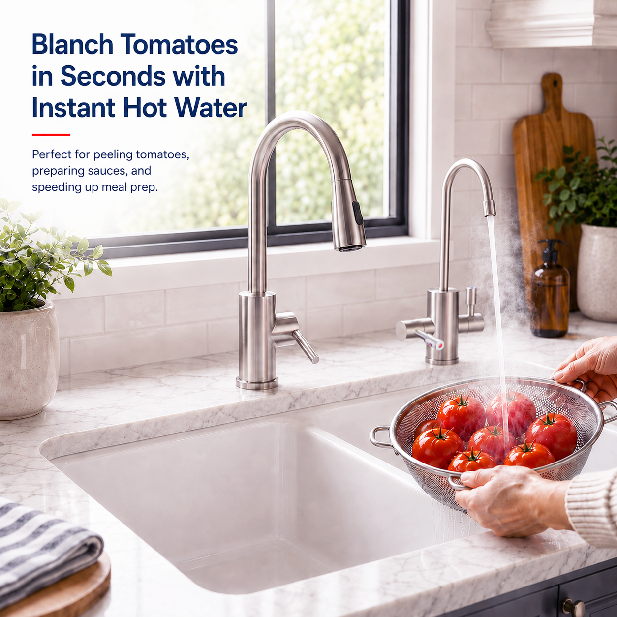 Person washing tomatoes in a kitchen sink with modern faucet, text about blanching tomatoes.
