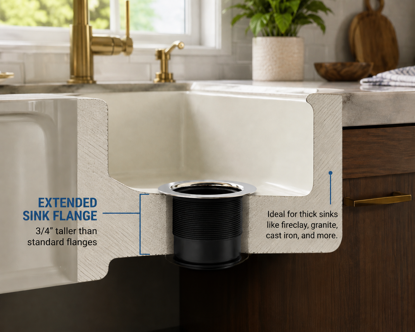 Sink flange extension with text describing its features in a kitchen setting.