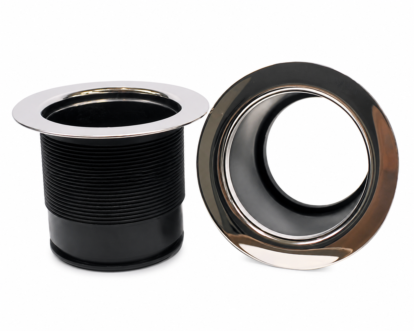 Black and silver metal flange on a white background