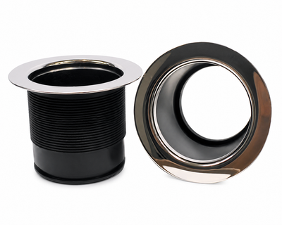 Black and silver metal flange on a white background