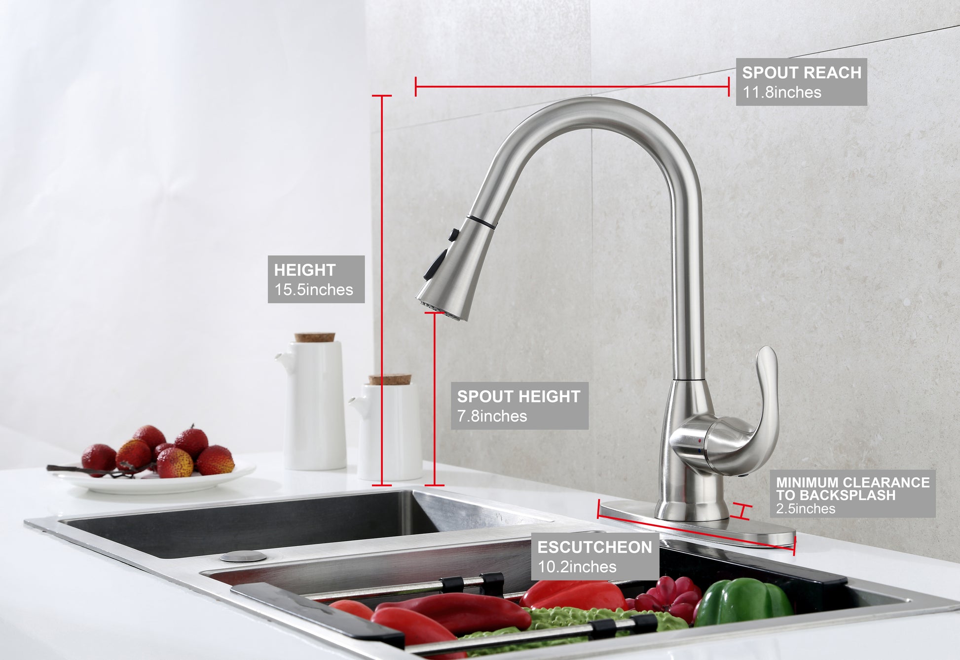 kitchen sink and faucet with vegetables in sink